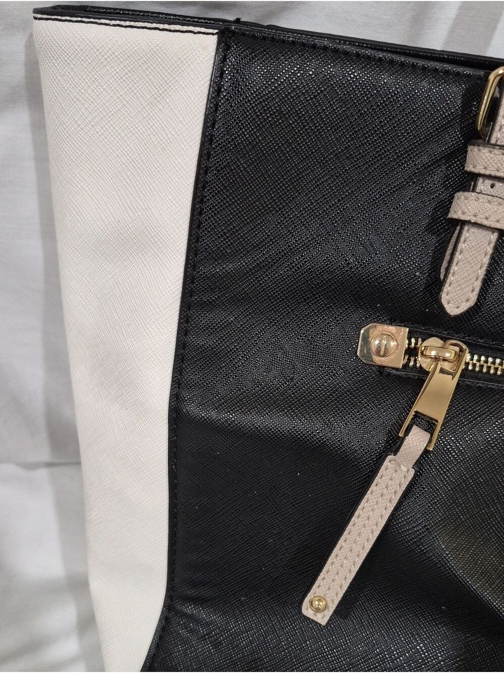 Classic Black and White Tote with Taupe Handles - Picture 3 of 16